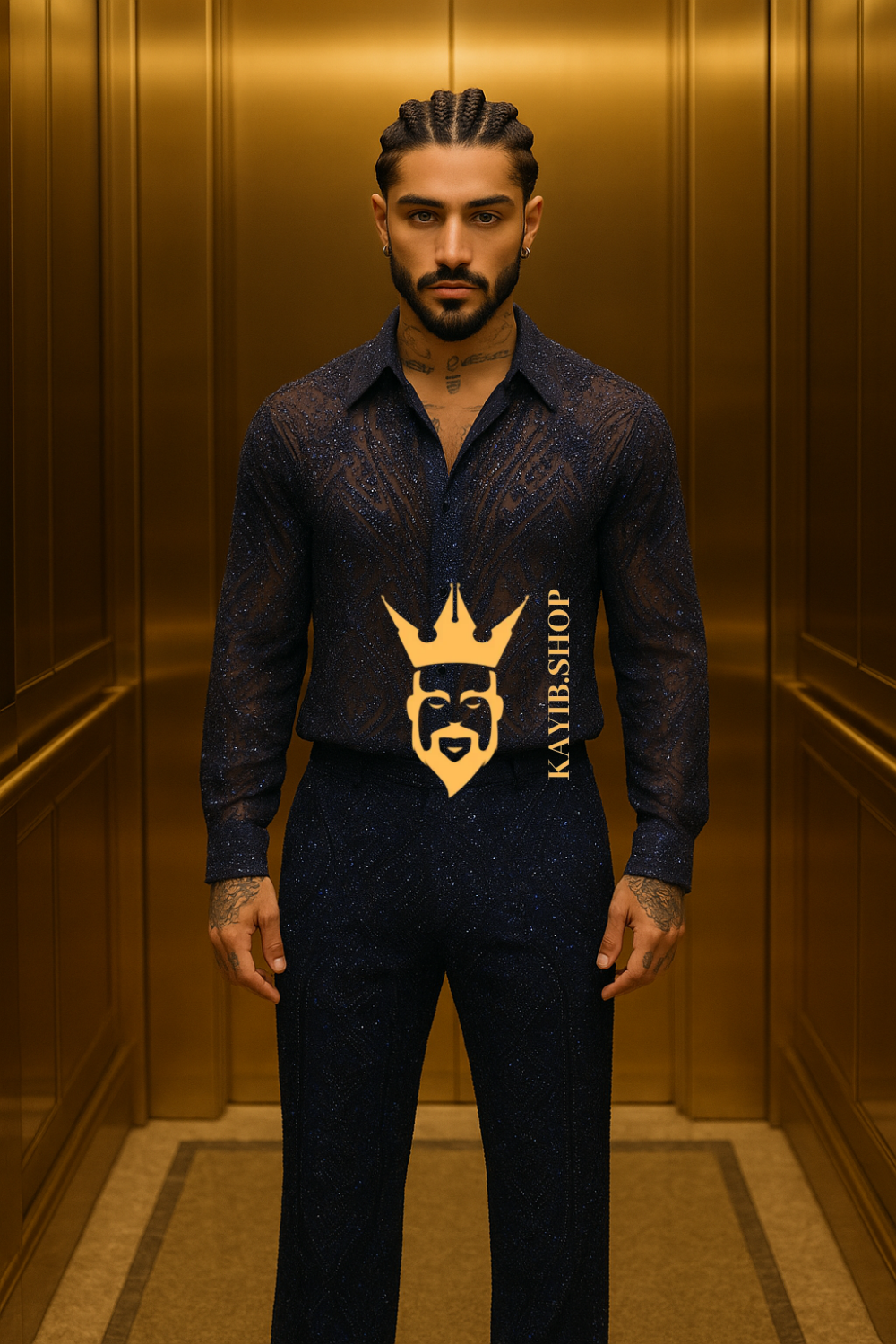 Men’s Luxury Lace Set – French Tulle with Sequins & Beaded Embroidery Shirt and Pants