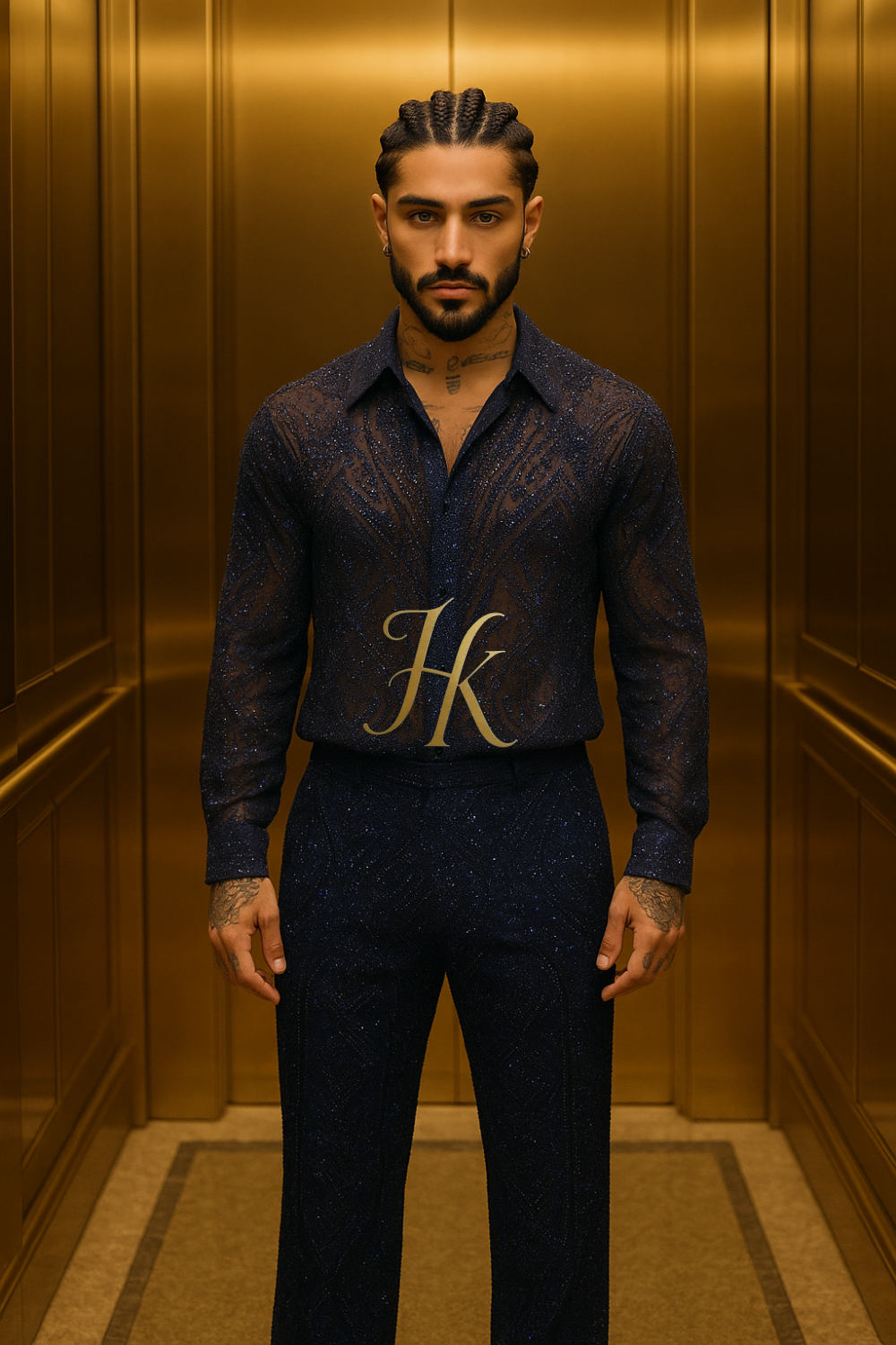 Men’s Luxury Lace Set – French Tulle with Sequins & Beaded Embroidery Shirt and Pants