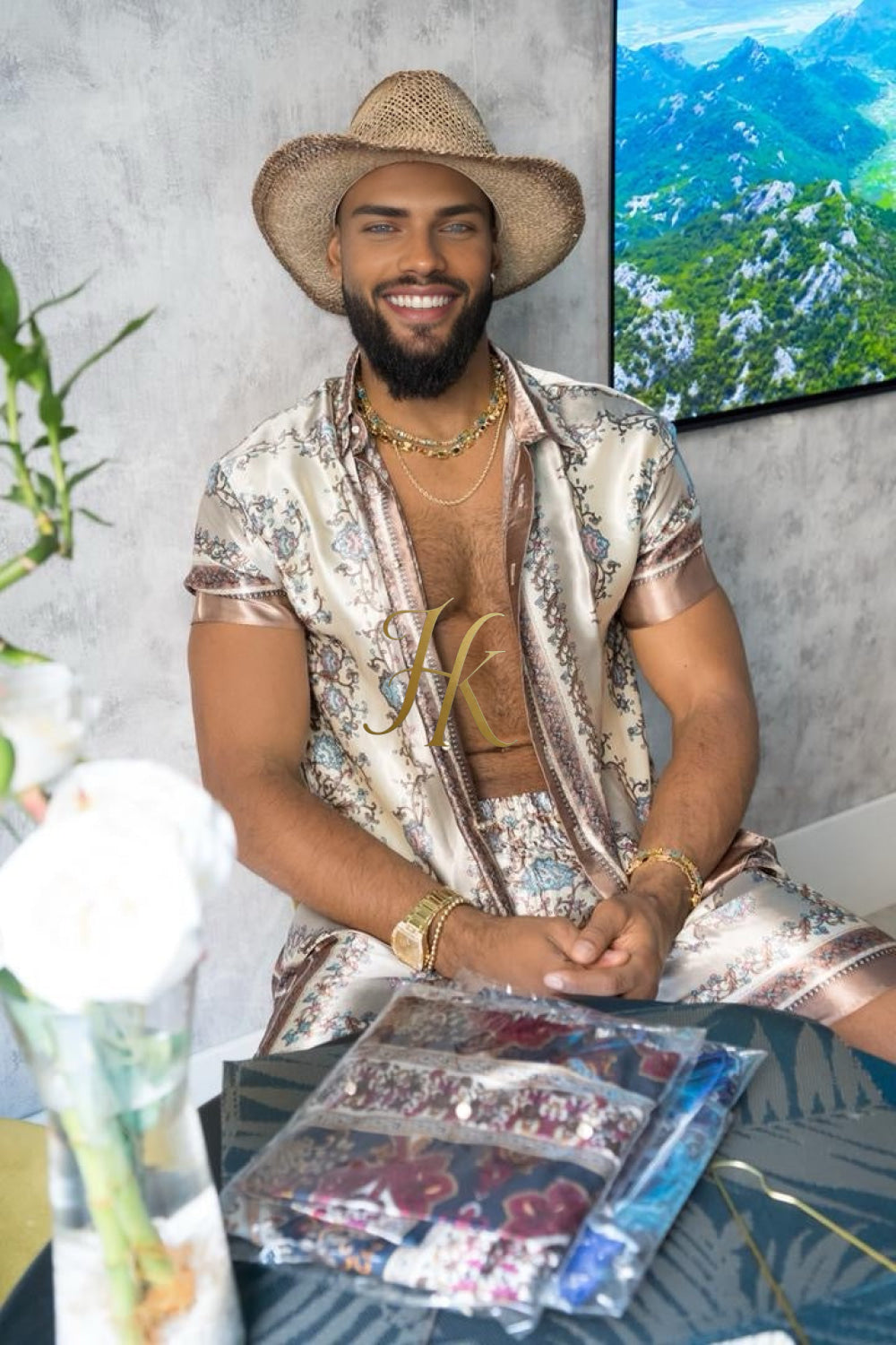 Luxury Boho Silk Shirt Set - Festival Outfit, Boho Handmade Men's Fashion - kayibstrore