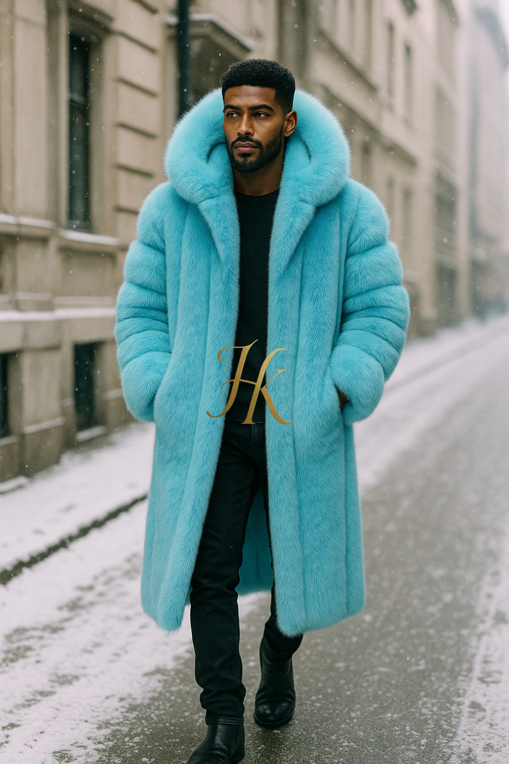Men’s Light Blue Long Fox Fur Coat – Genuine Natural Fur Luxury Winter Outwear