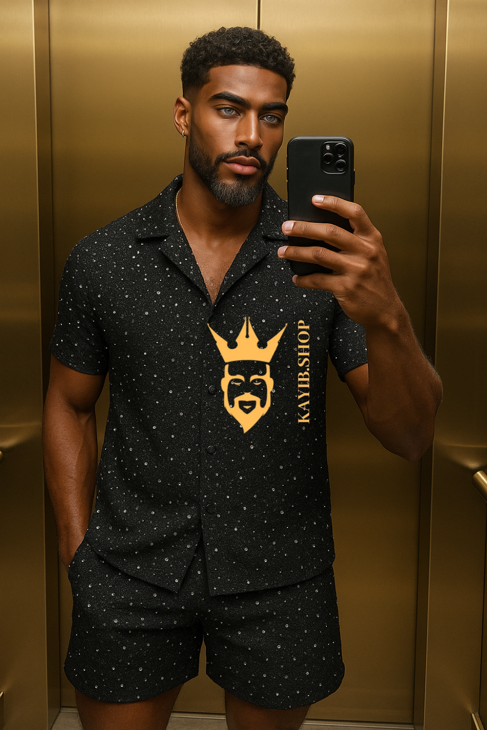 Men’s 2-Piece Set – Shirt & Shorts in Luxury Lace Mesh with Sequin and Beaded Embroidery
