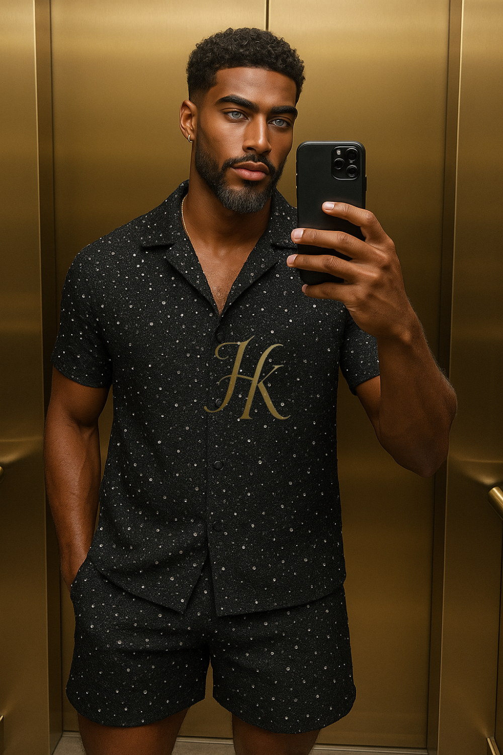 Men’s 2-Piece Set – Shirt & Shorts in Luxury Lace Mesh with Sequin and Beaded Embroidery