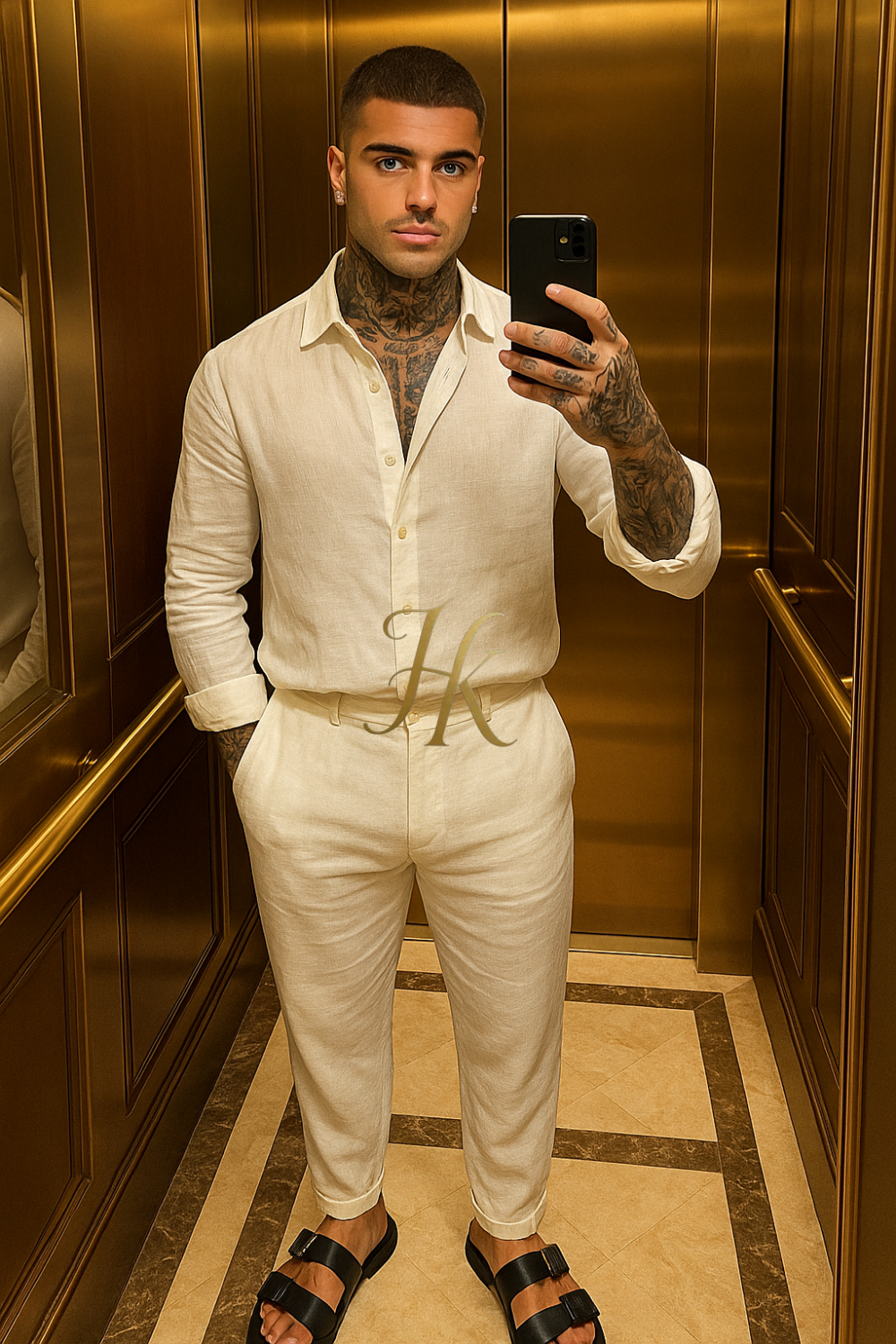 Men’s Luxury Pure Wool Outfit Set – Long Sleeve Shirt & Pants in 100% linen