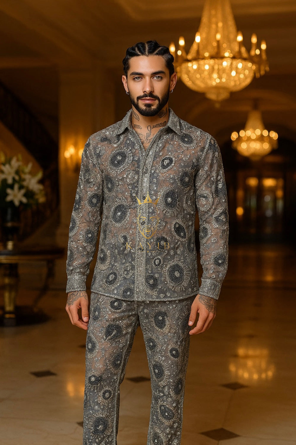 Men’s Luxury Beaded Lace Set – French Tulle with Pearls & Sequins Shirt and Pants