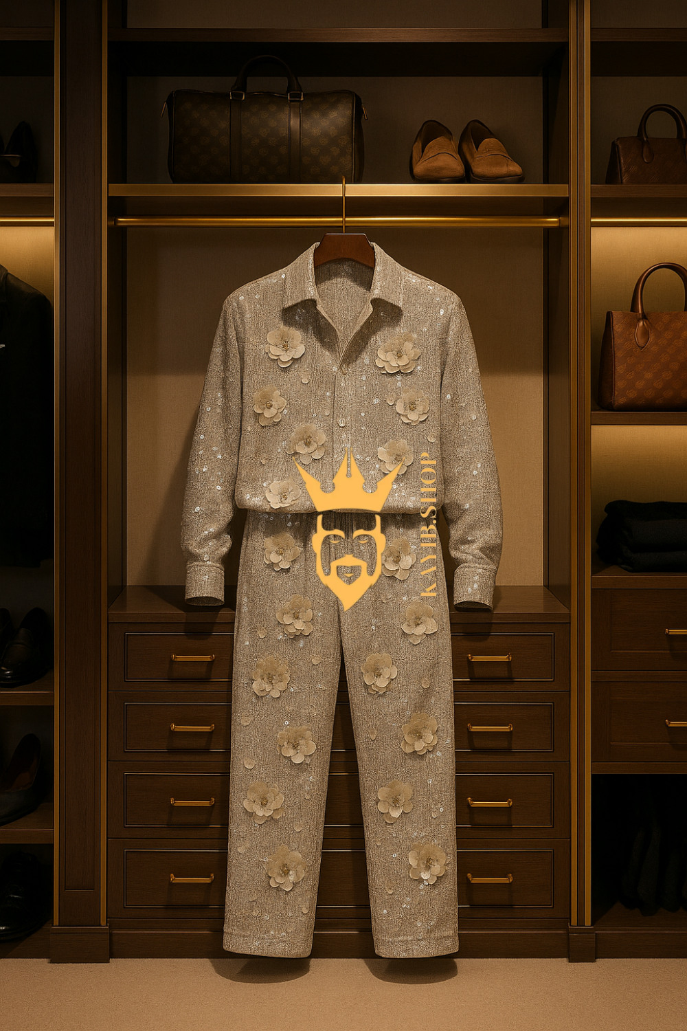 Men’s Luxury Silver Sequin Lace Set – Handmade Embroidered Net Fabric Shirt & Pants