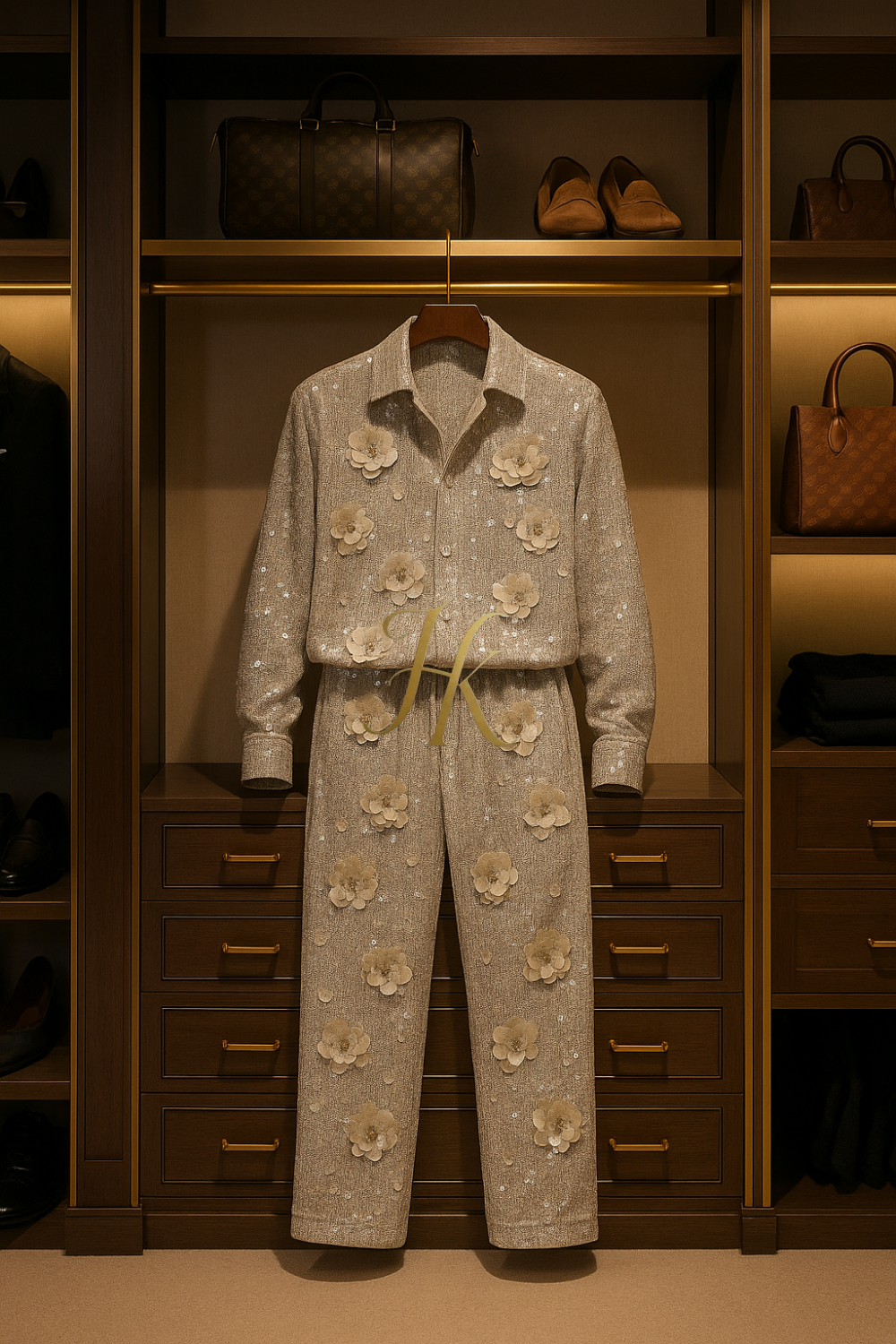 Men’s Luxury Silver Sequin Lace Set – Handmade Embroidered Net Fabric Shirt & Pants