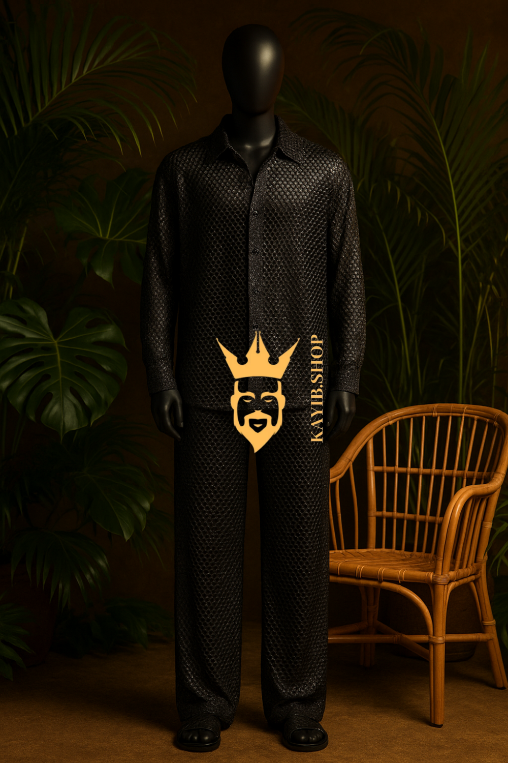 Men’s Metallic Mesh Outfit Set – 3D Foil Textured Shirt & Pants in Luxury Interwoven Fabric