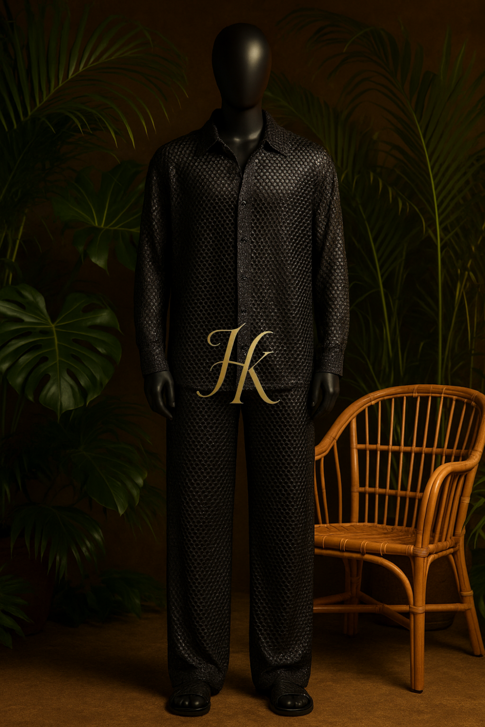 Men’s Metallic Mesh Outfit Set – 3D Foil Textured Shirt & Pants in Luxury Interwoven Fabric