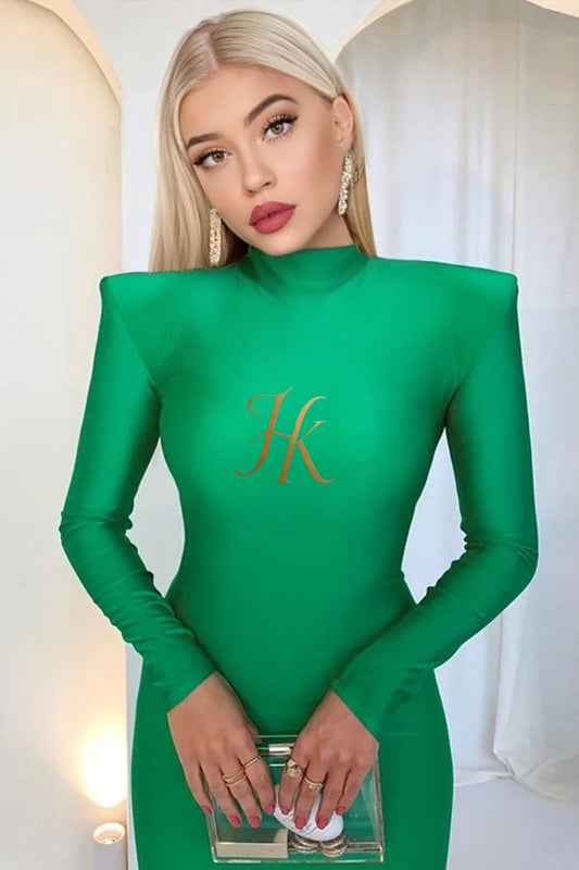 2023 New Year Turtleneck Maxi Dress with Shoulder Pads - Elegant Streetwear Women's Fashion - Long Sleeve Skinny Dress - Gift for Her - kayibstrore