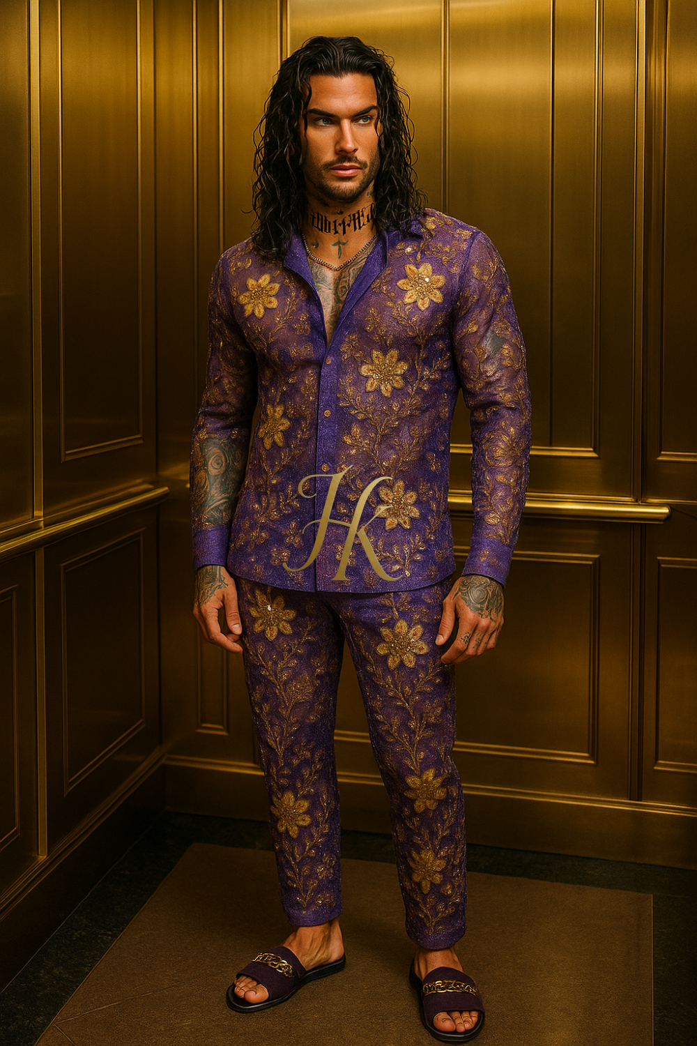 Men’s Luxury Lace Set – Beaded & Sequined Mesh Embroidered Shirt and Pants