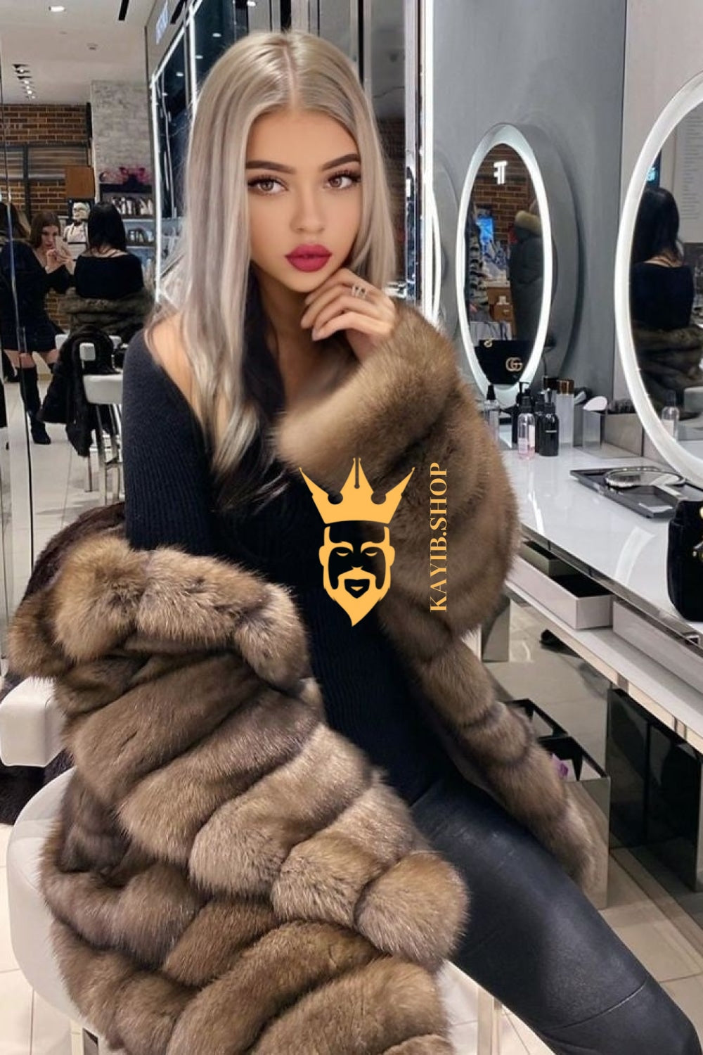 Winter coat- Luxury Tiger-Striped Raccoon Fur Short Coat - Stay Stylish and Warm with Oversized Sleeves - kayibstrore