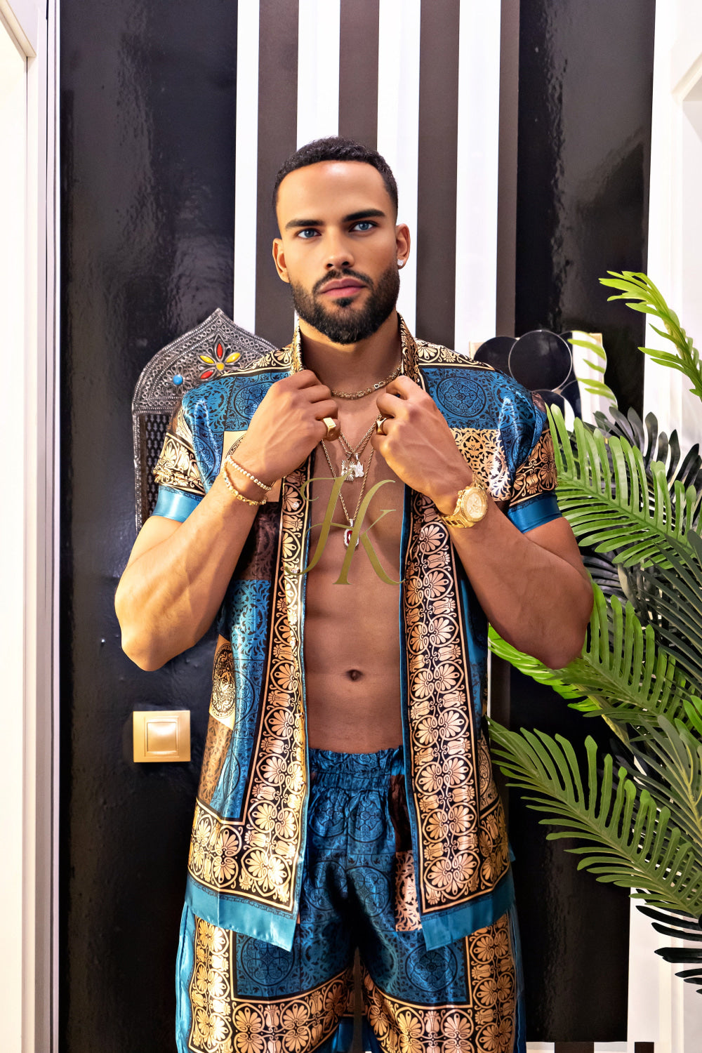Luxury Boho Silk Shirt Set - Festival Outfit, Handmade Men's Fashion style - kayibstrore