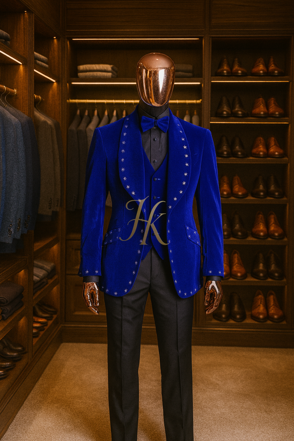 Men’s 3-Piece Velvet Suit – Sparkly Beaded Blazer Vest & Black Pants Custom Plus Size Tuxedo