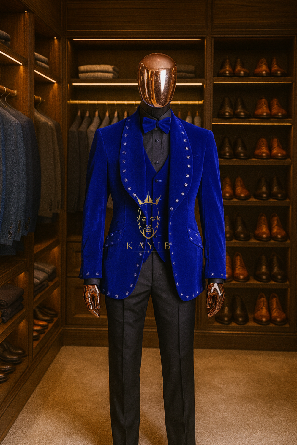 Men’s 3-Piece Velvet Suit – Sparkly Beaded Blazer Vest & Black Pants Custom Plus Size Tuxedo