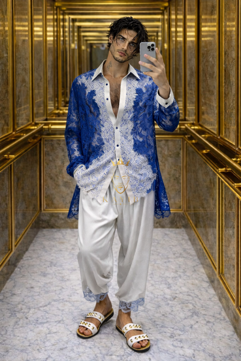 Men’s Elegant Lace & Cotton Set – Long Sleeve Shirt with Tailored Pants
