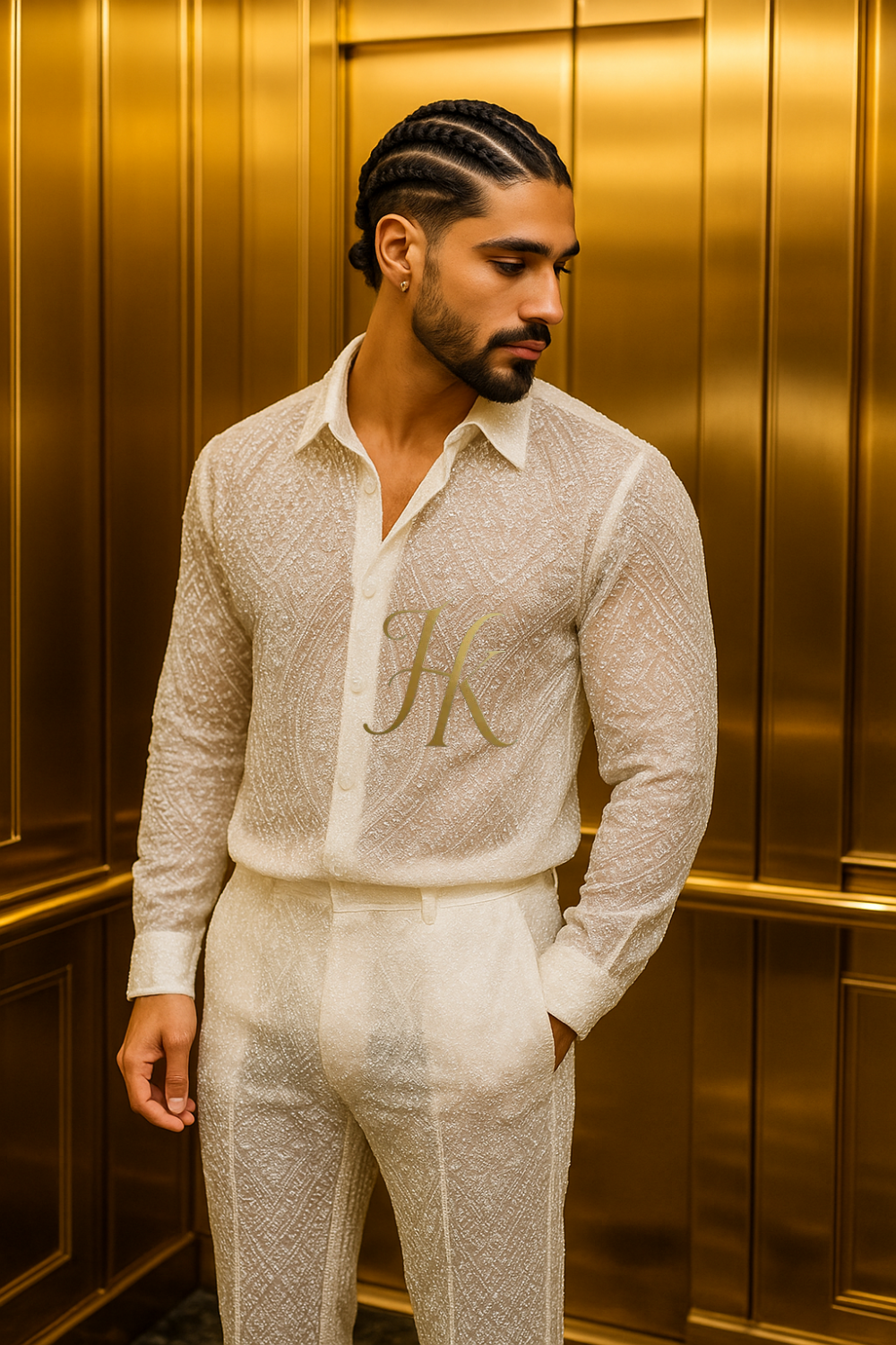Men’s Luxury Lace Set – French Tulle with Sequins & Beaded Embroidery Shirt and Pants