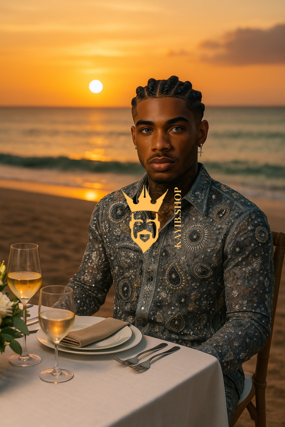 Men’s Luxury Beaded Lace Set – French Tulle with Pearls & Sequins Shirt and Pants