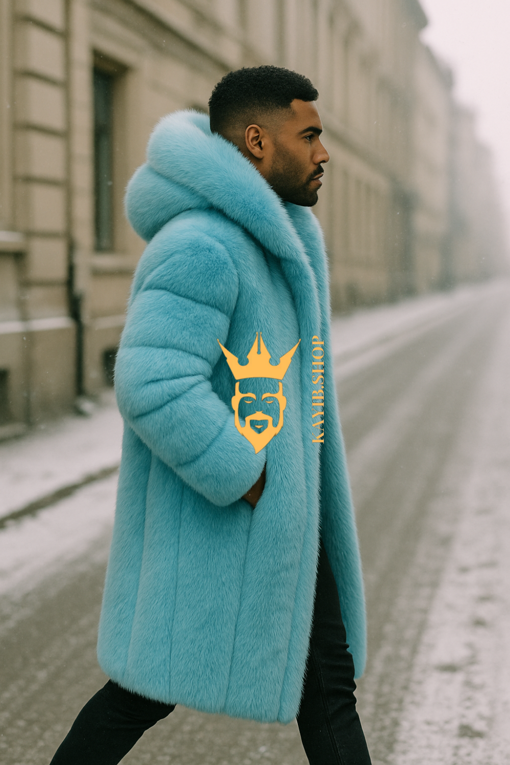 Men’s Light Blue Long Fox Fur Coat – Genuine Natural Fur Luxury Winter Outwear