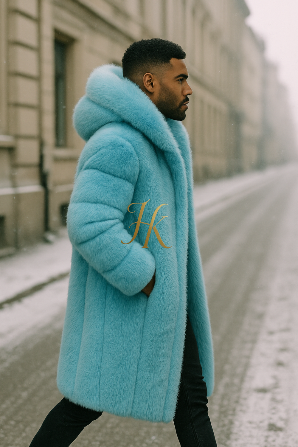 Men’s Light Blue Long Fox Fur Coat – Genuine Natural Fur Luxury Winter Outwear
