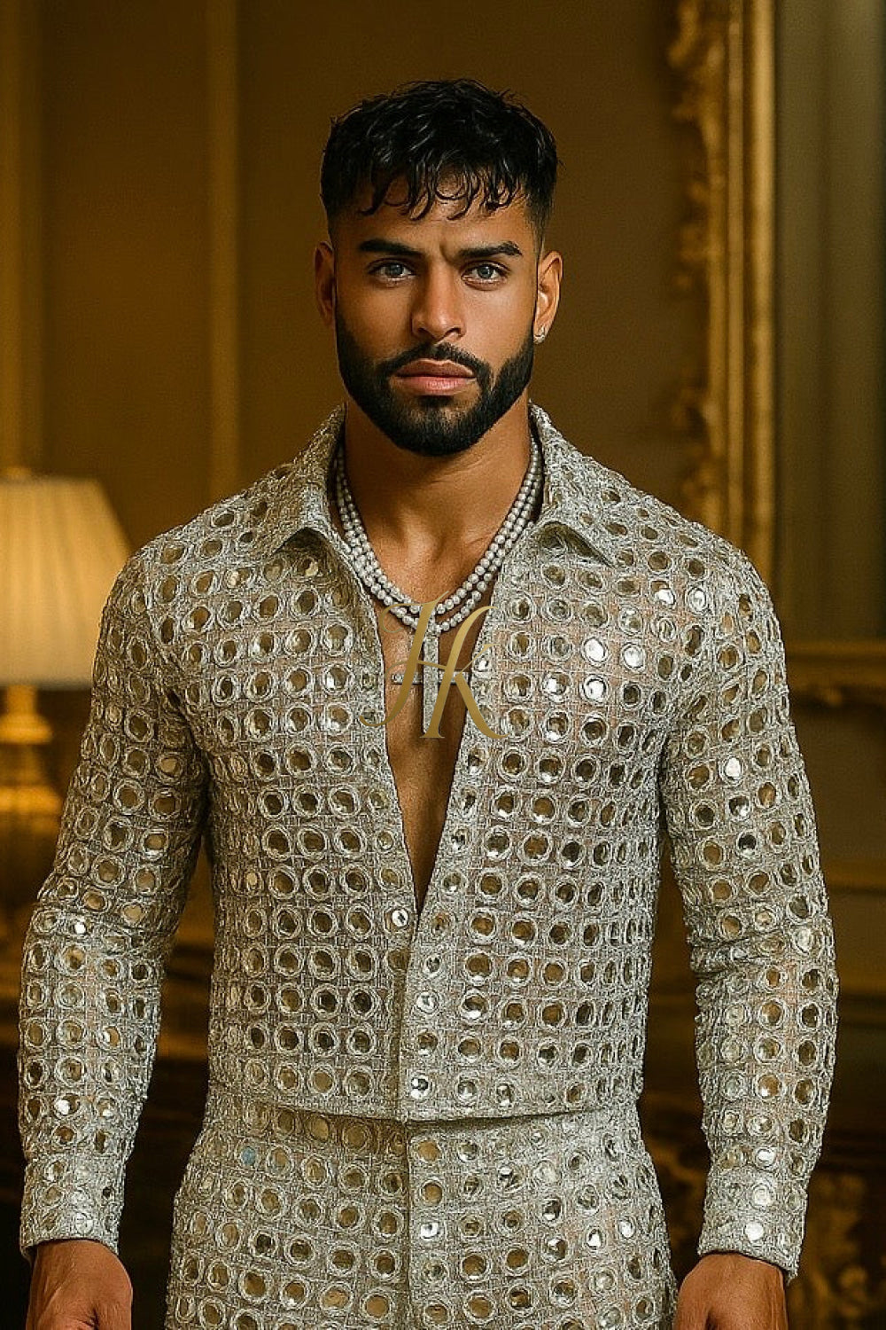 Men’s Luxury Embroidered Lace Set – French & European Beaded Fabric with Silver Sequins
