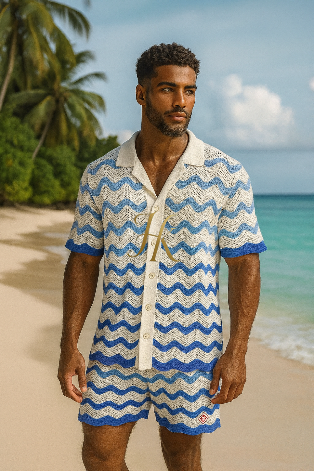 Trendy Knitted Wool Shirt with Wave Pattern & Collar set 2pcs