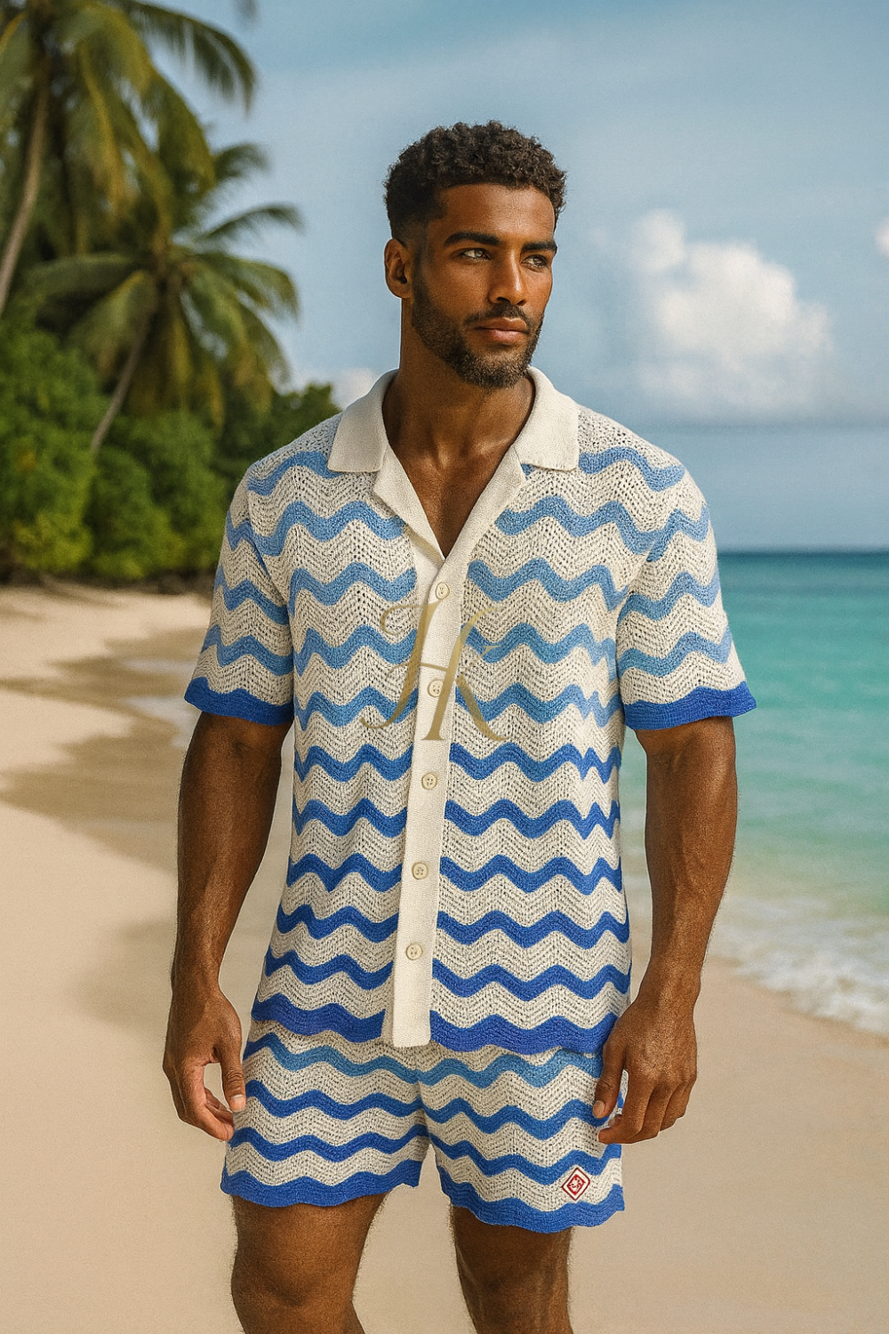 Trendy Knitted Wool Shirt with Wave Pattern & Collar set 2pcs