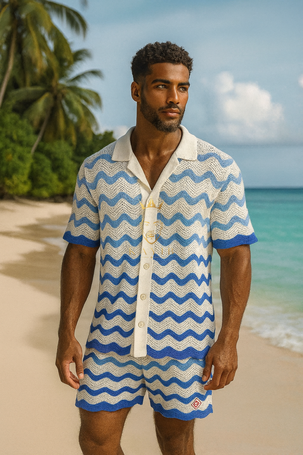 Trendy Knitted Wool Shirt with Wave Pattern & Collar set 2pcs