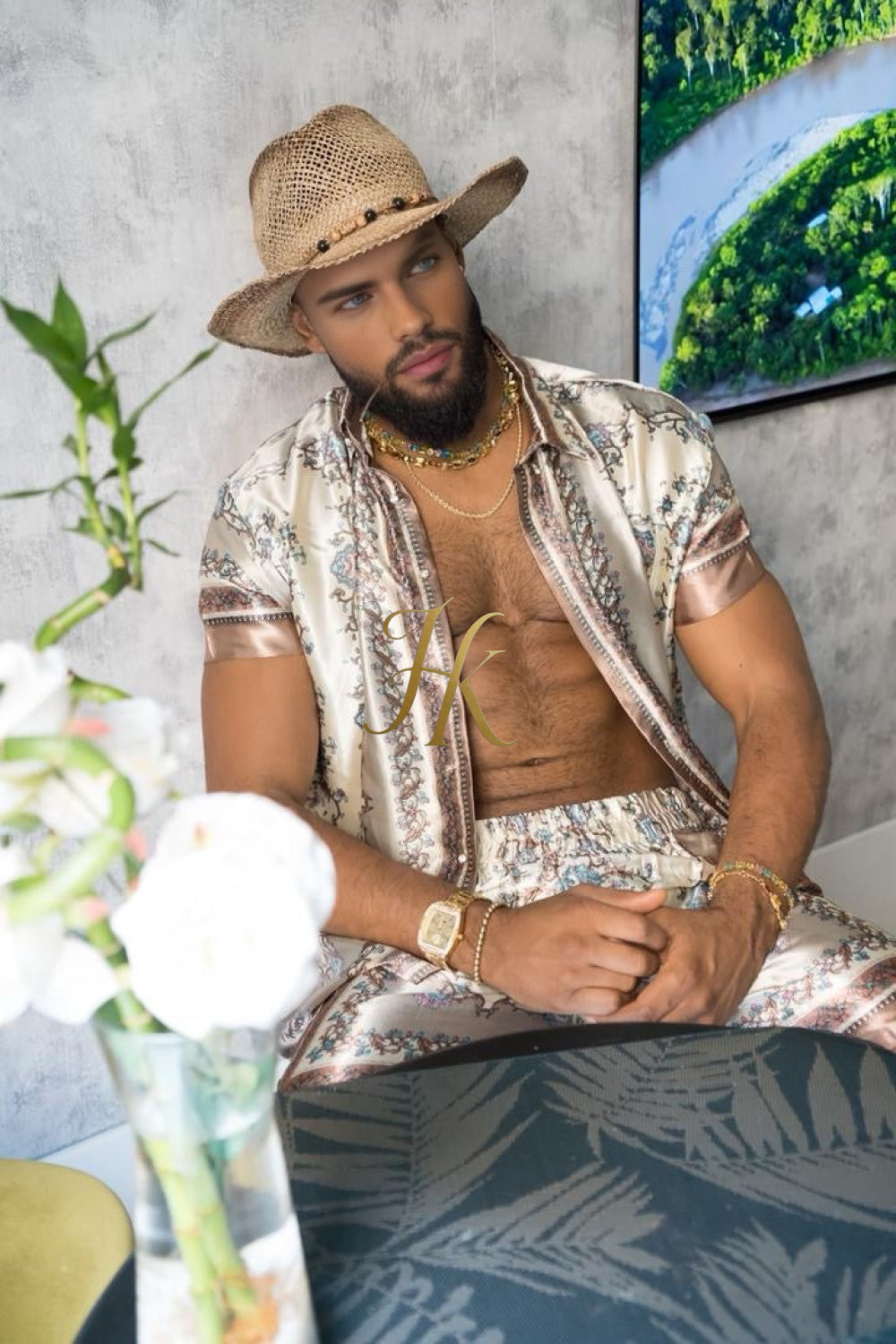 Luxury Boho Silk Shirt Set - Festival Outfit, Boho Handmade Men's Fashion - kayibstrore