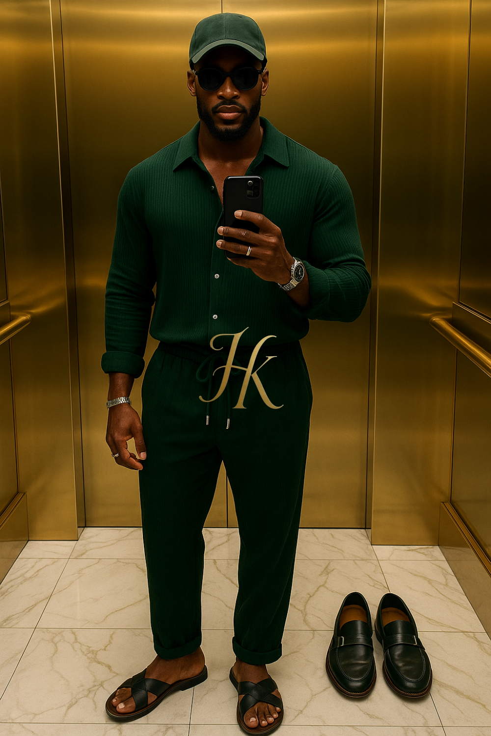Green Men’s Two-Piece Shirt & Pants Set – Single-Breasted Top with Drawstring Straight Pants