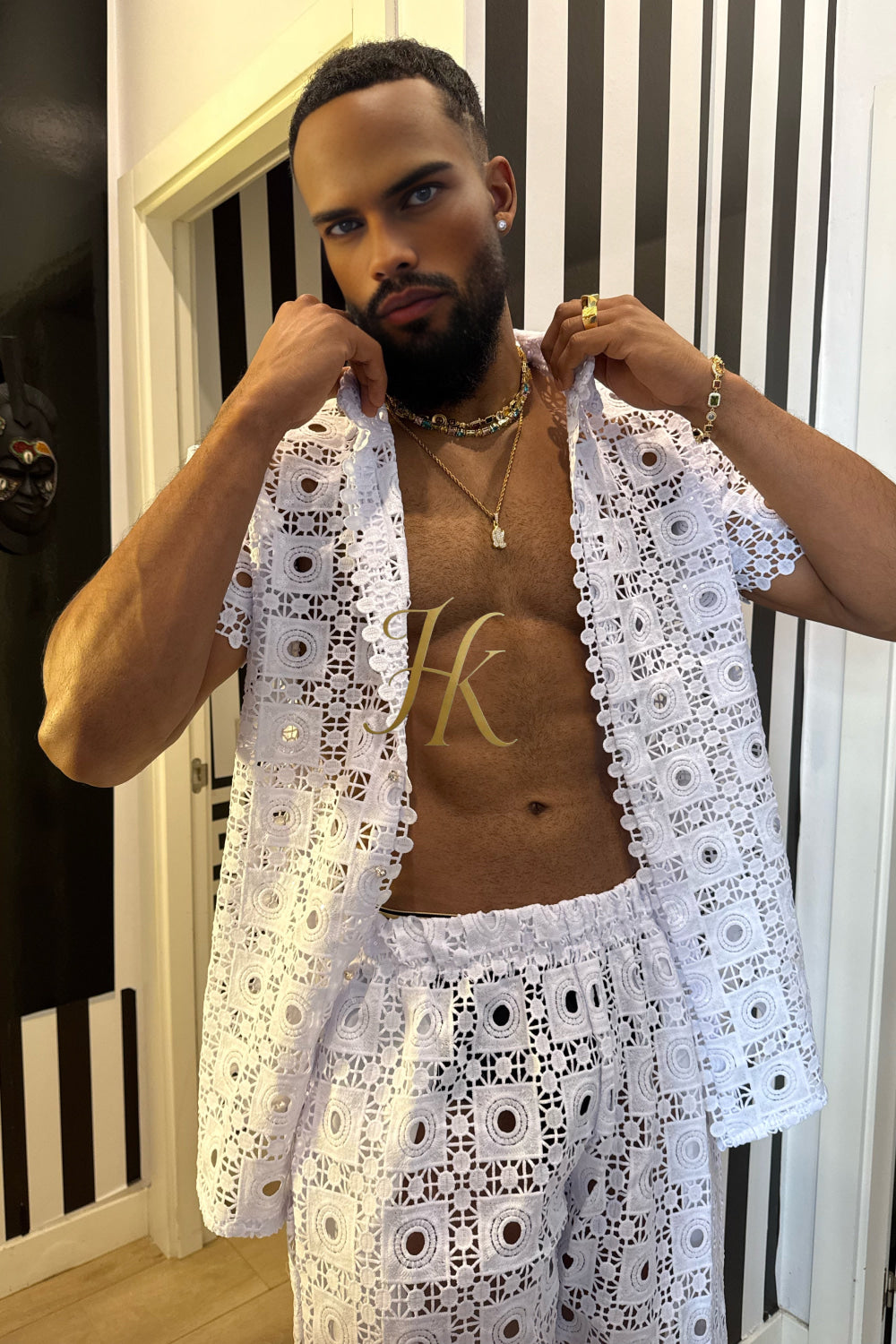 Premium Men’s Lace Set – Mesh Embroidered Shirt & Pant Ensemble - kayibstrore