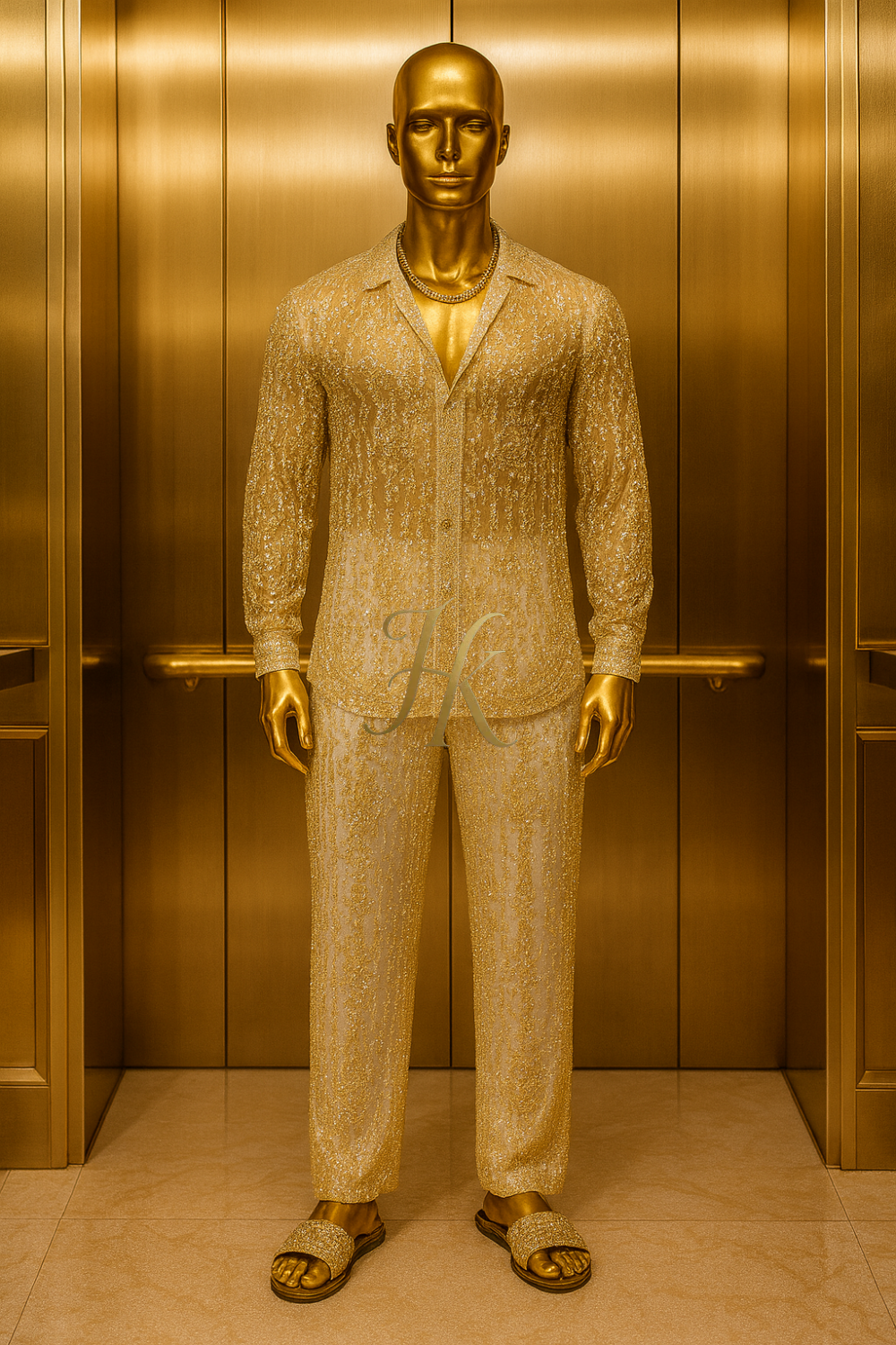 Men’s Luxury Champagne Gold Lace Set – Beaded & Sequined Mesh Embroidered Shirt and Pants