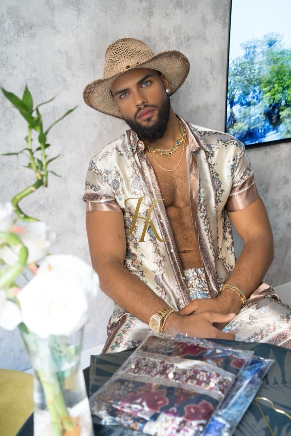 Luxury Boho Silk Shirt Set - Festival Outfit, Boho Handmade Men's Fashion - kayibstrore