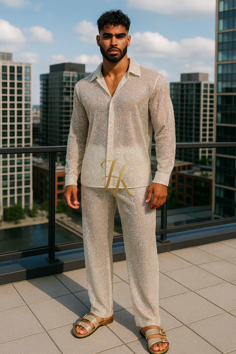 Men’s Luxury Embroidered Lace Set – Handmade Beaded Net Fabric with Sequins (High-End Couture Design)