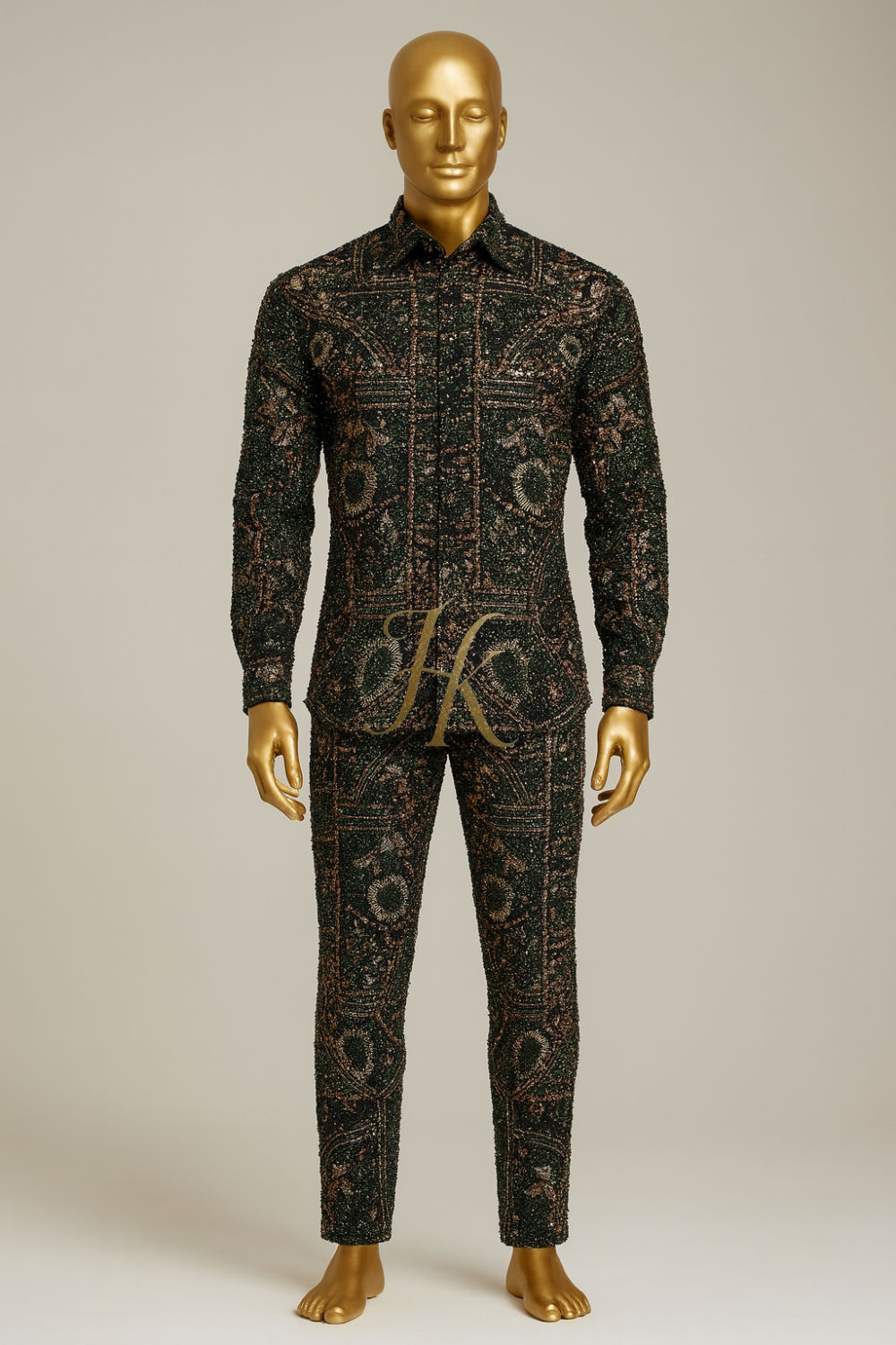 Men’s Luxury Beaded Lace Set – French Tulle with Pearls & Sequins Shirt and Pants