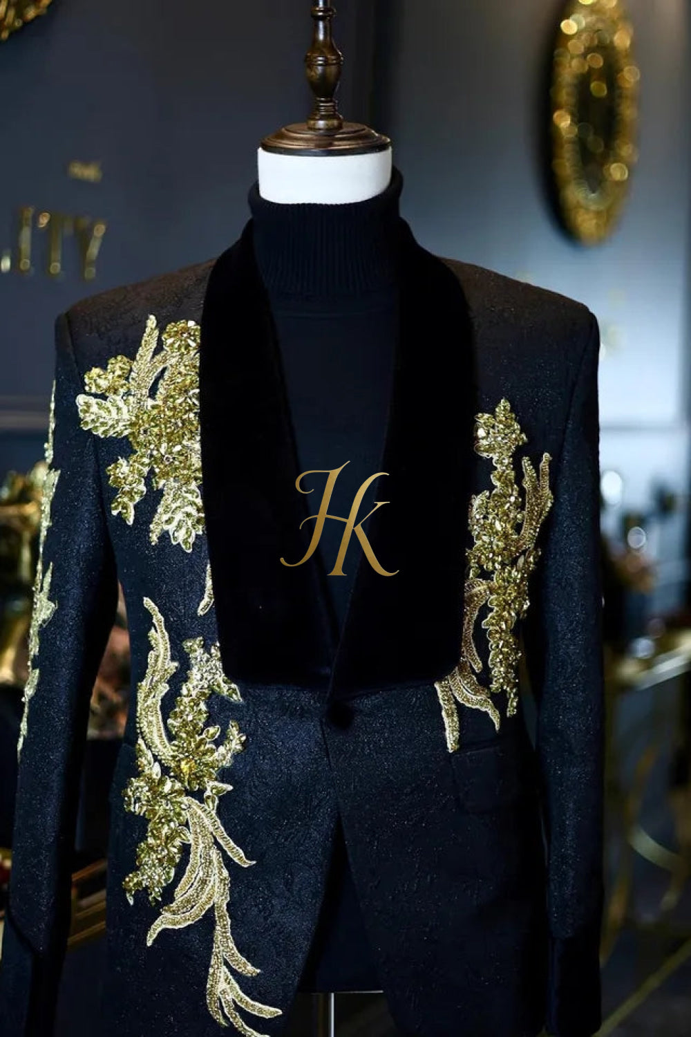 Luxurious Custom Men's Suit: Sheer Velvet Lapel 2-Piece Set with Appliques, Beads, Diamonds | Tailored Plus Size Options Available - kayibstrore