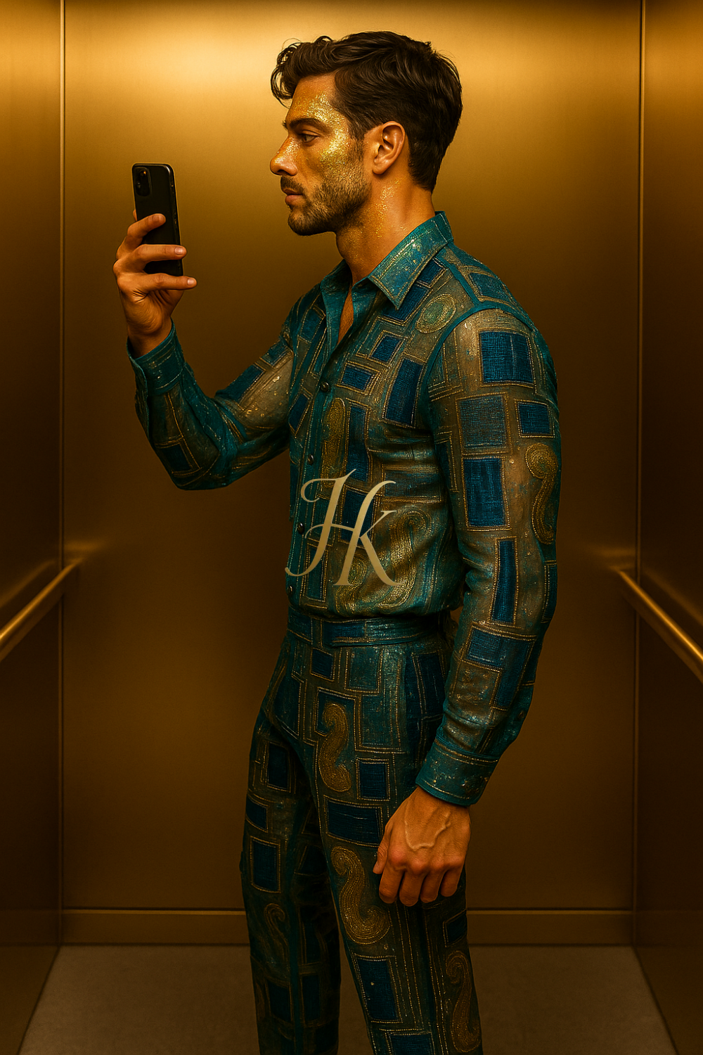 Men’s Luxury Silk Lace Set – French Tulle with Handmade Stones & Burnt-Out Design