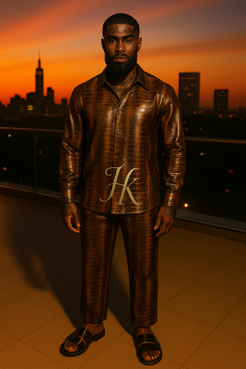 Men’s Metallic Snake Print Set – Punk Style Glossy Coated Shirt & Pants