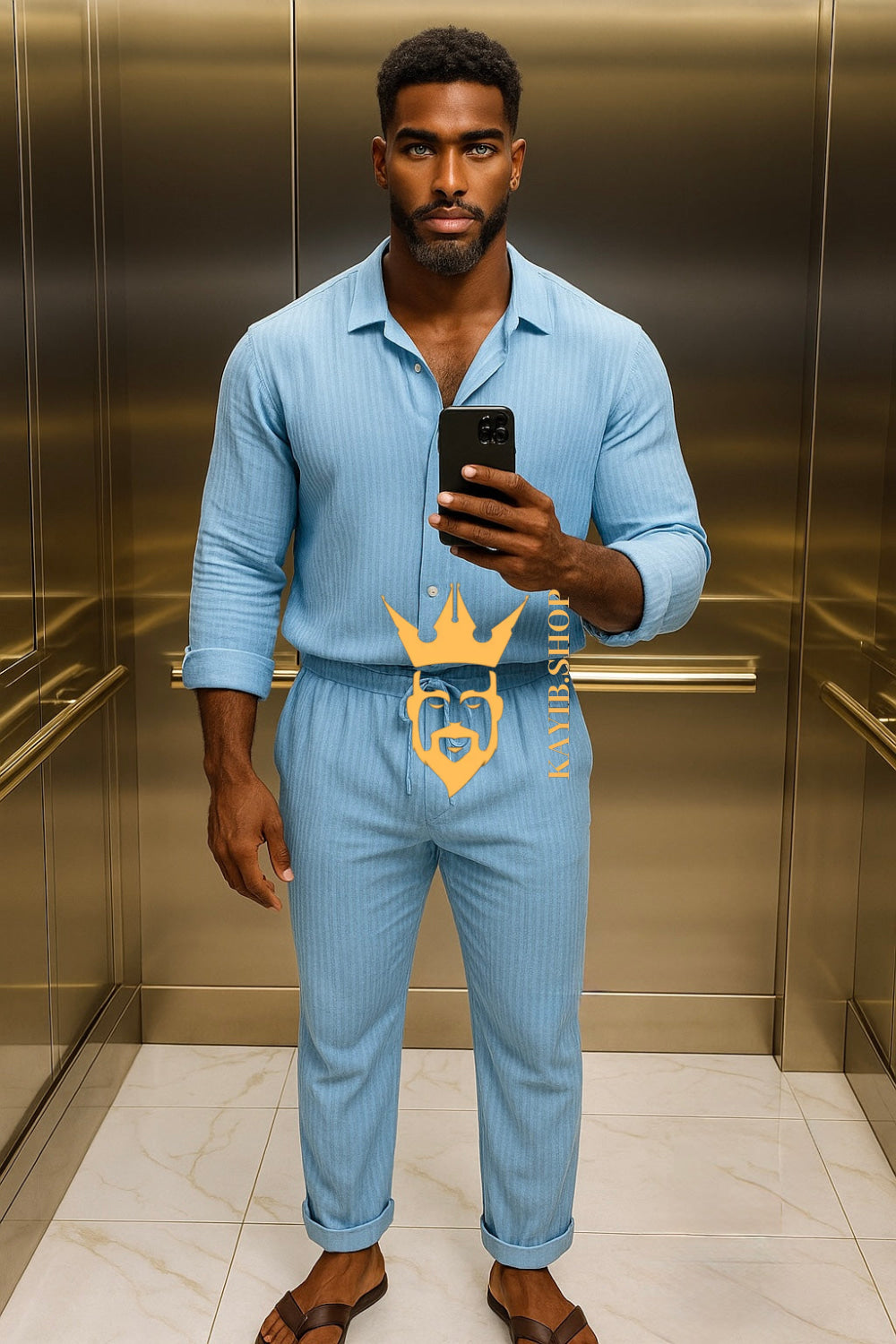 White Men’s Two-Piece Shirt & Pants Set – Single-Breasted Top with Drawstring Straight Pants