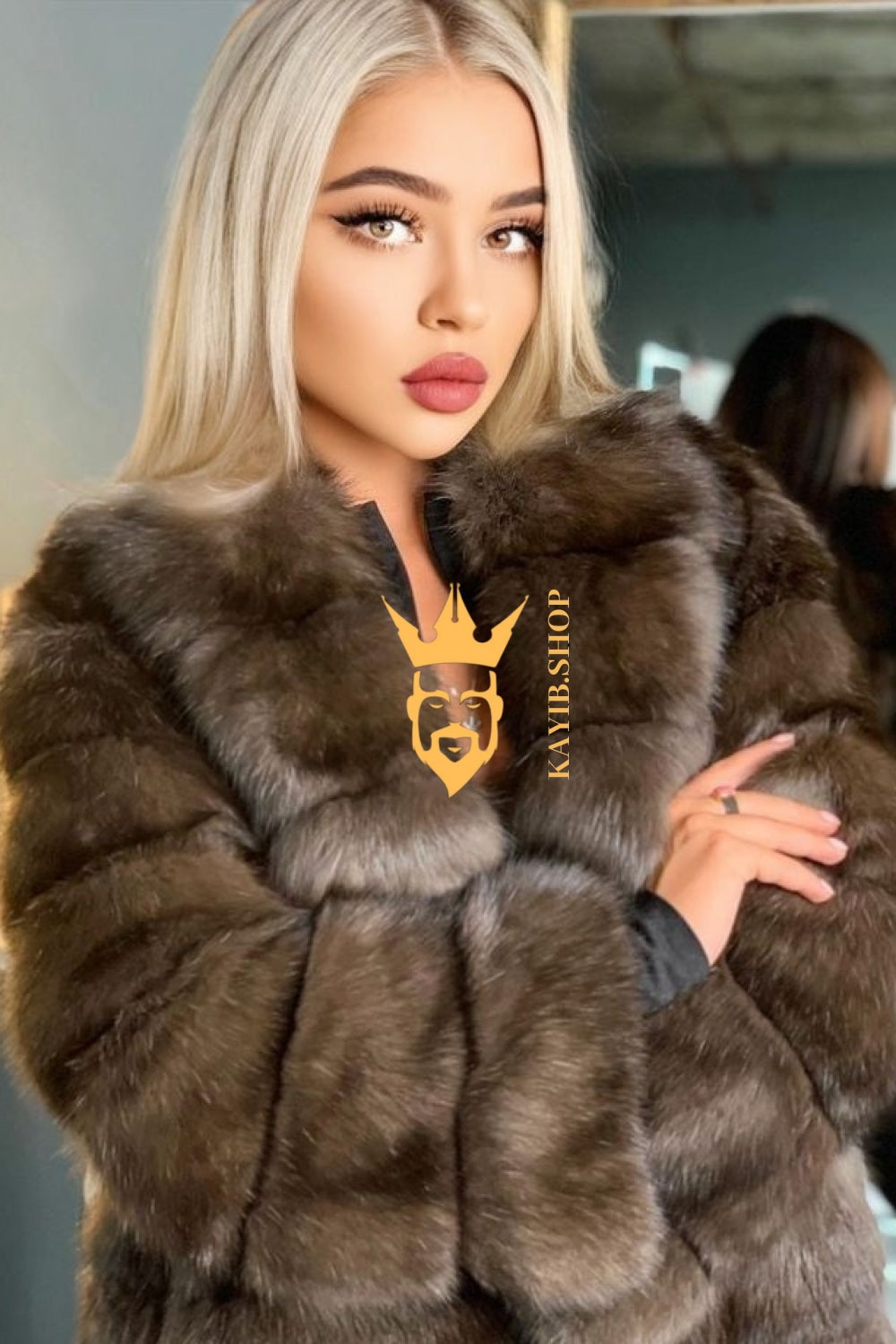 Winter coat- Luxury Tiger-Striped Raccoon Fur Short Coat - Stay Stylish and Warm with Oversized Sleeves - kayibstrore