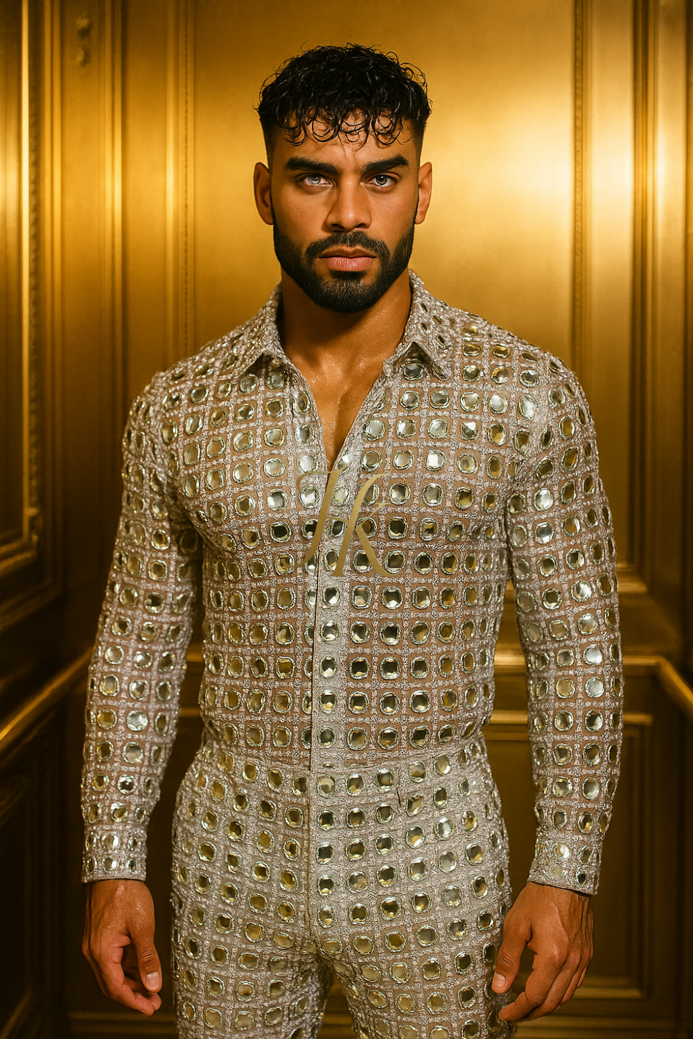 Men’s Luxury Embroidered Lace Set – French & European Beaded Fabric with Silver Sequins