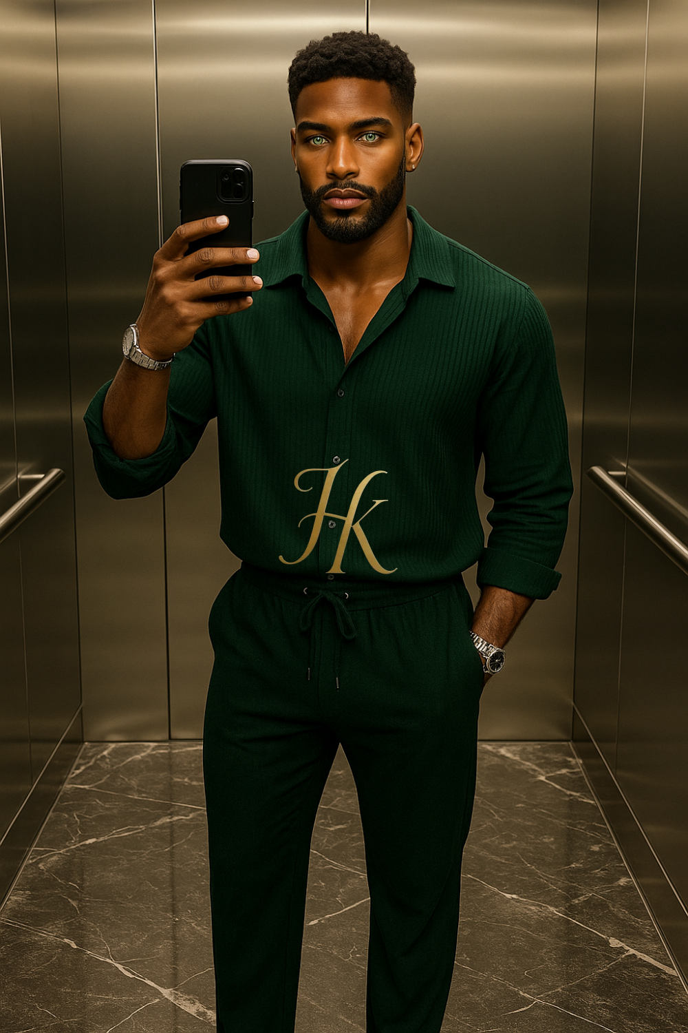 Green Men’s Two-Piece Shirt & Pants Set – Single-Breasted Top with Drawstring Straight Pants