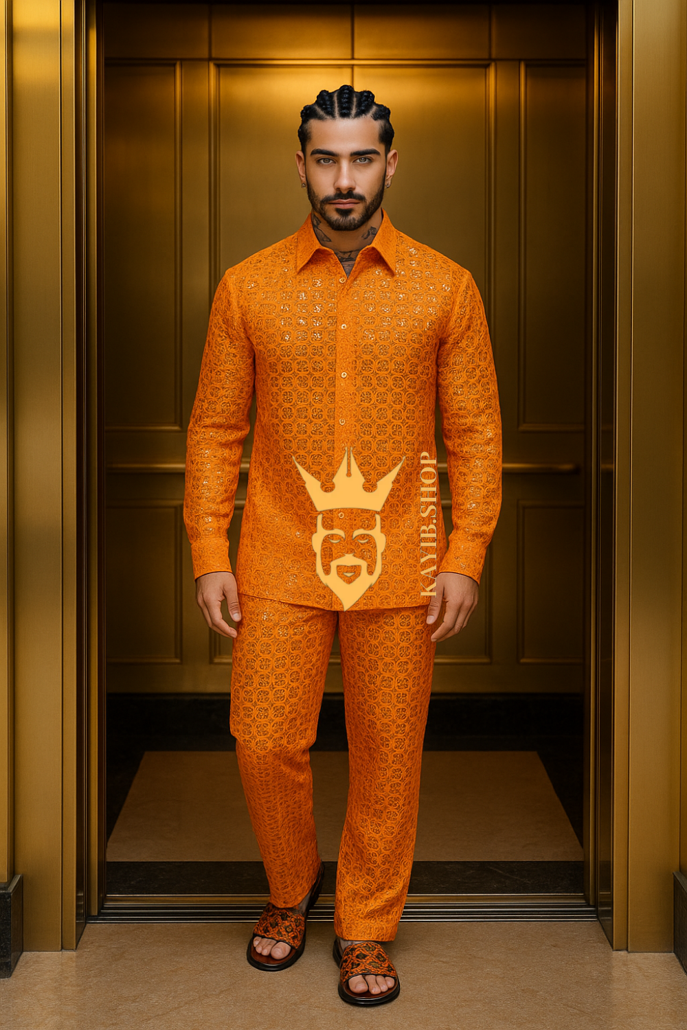 Men’s Luxury Lace Set – High-Quality Water-Soluble Sequin Embroidered Shirt & Pants