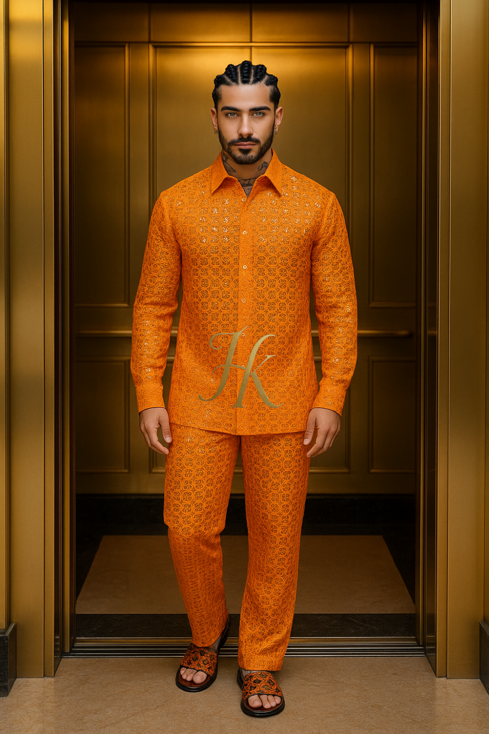 Men’s Luxury Lace Set – High-Quality Water-Soluble Sequin Embroidered Shirt & Pants
