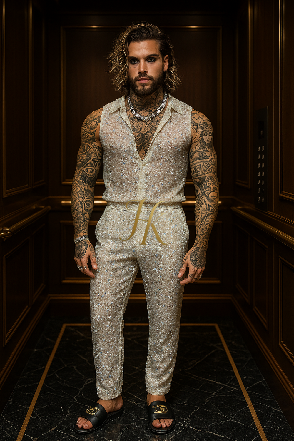 Men’s Premium Embroidered Lace Set – Handmade Beaded Net Fabric with Sequins