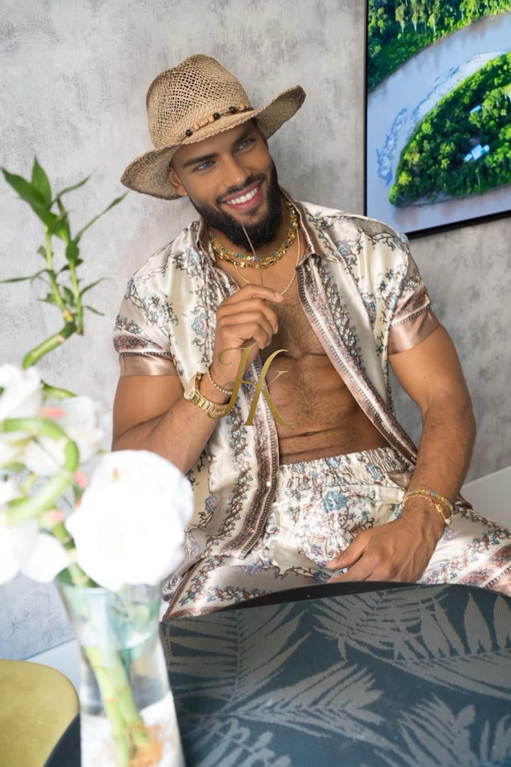 Luxury Boho Silk Shirt Set - Festival Outfit, Boho Handmade Men's Fashion - kayibstrore