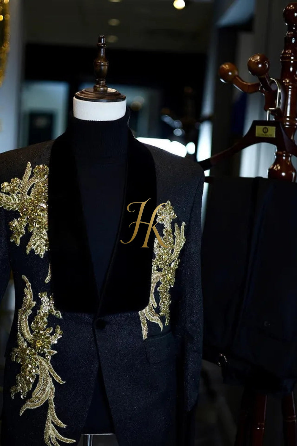 Luxurious Custom Men's Suit: Sheer Velvet Lapel 2-Piece Set with Appliques, Beads, Diamonds | Tailored Plus Size Options Available - kayibstrore