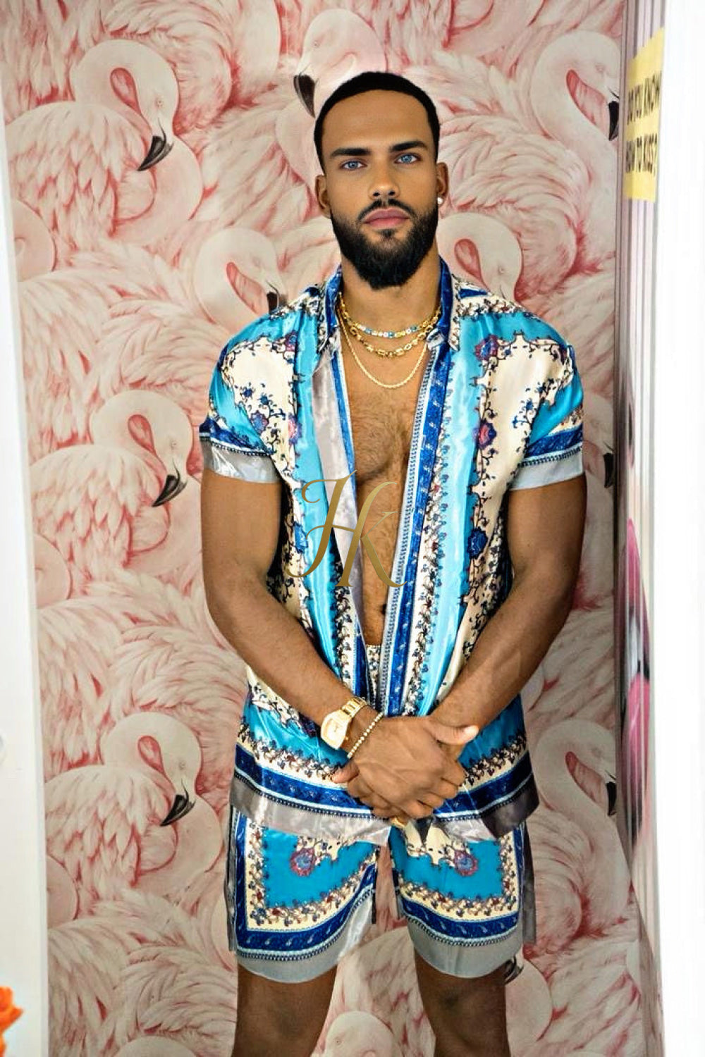 Luxury Boho Silk Shirt Set - Festival Outfit, Handmade Men's Fashion style for summer - kayibstrore