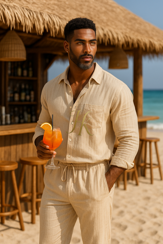 Vintage men’s Cotton Linen Two-Piece Suit – Plus Size Loose Fit Trousers & Skirt Set