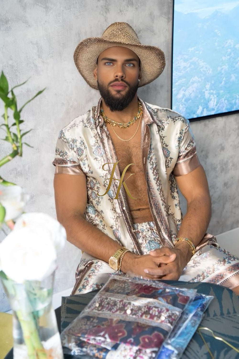 Luxury Boho Silk Shirt Set - Festival Outfit, Boho Handmade Men's Fashion - kayibstrore