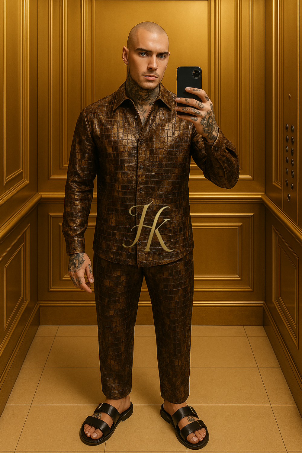 Men’s Metallic Snake Print Set – Punk Style Glossy Coated Shirt & Pants